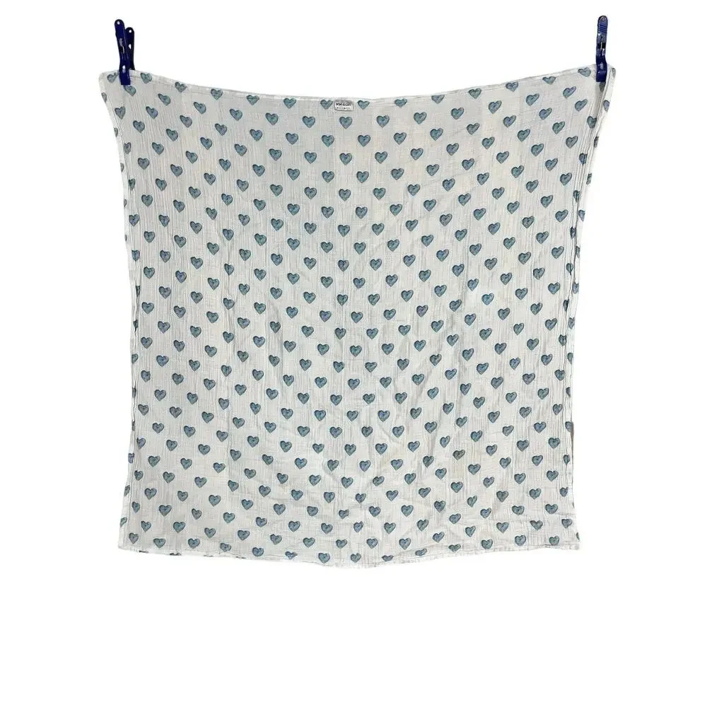 Bebe Au Lait Blue Watercolor Heart Muslin Swaddle Baby Blanket Pure & Simple